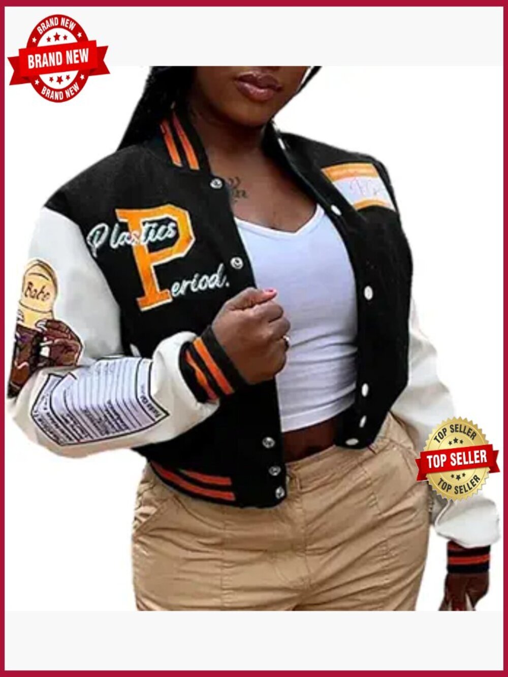 Women's Varsity Jacket Cropped Leather Patch Button Closure Long Sleeve Street